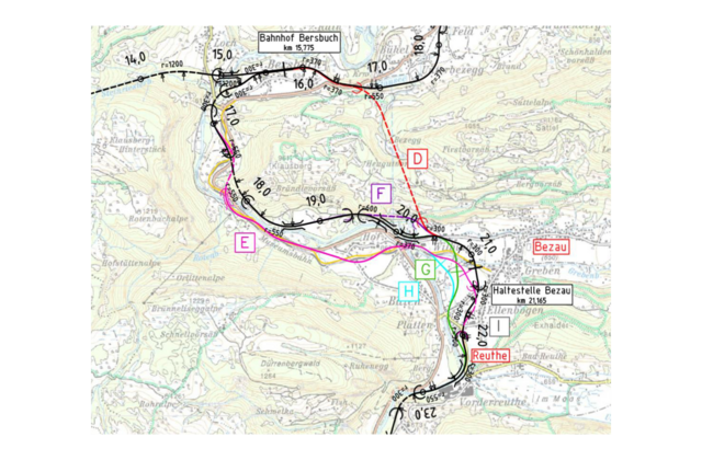 Unterschiedliche Trassenvarianten im Bereich Bersbuch – Bezau nach Wakolbinger 2018 Wälderexpress-Trassenvarianten